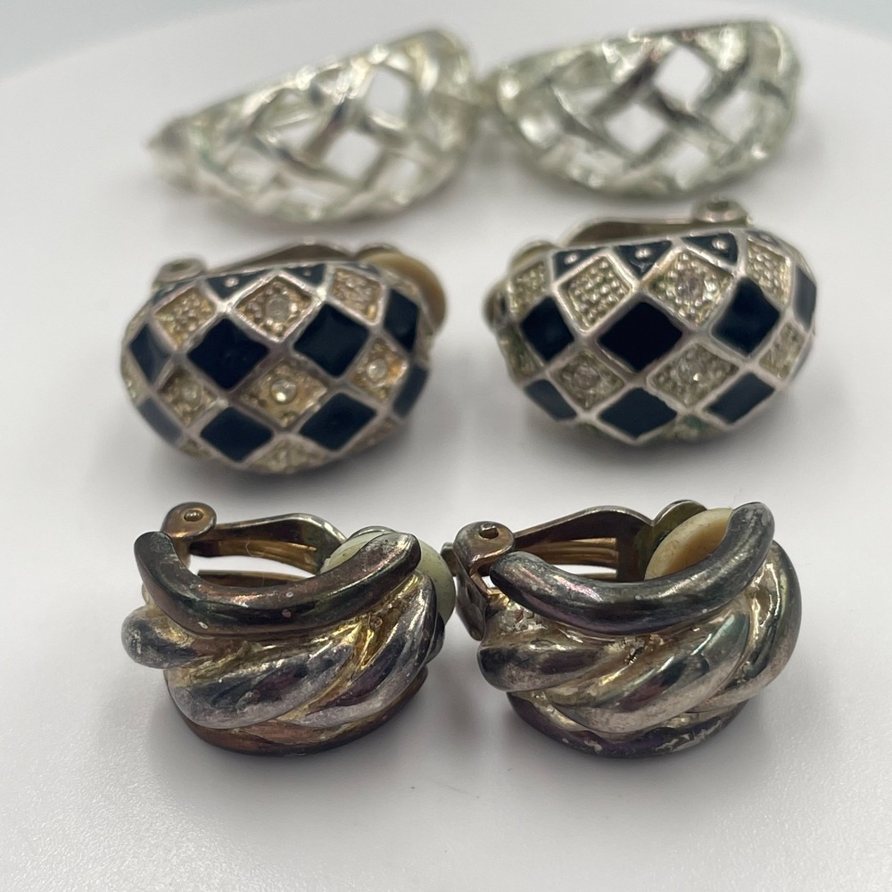 Vintage Estate Clip-On Hoop Earrings Lot Silver Tone Enamel 3 Pairs Classic